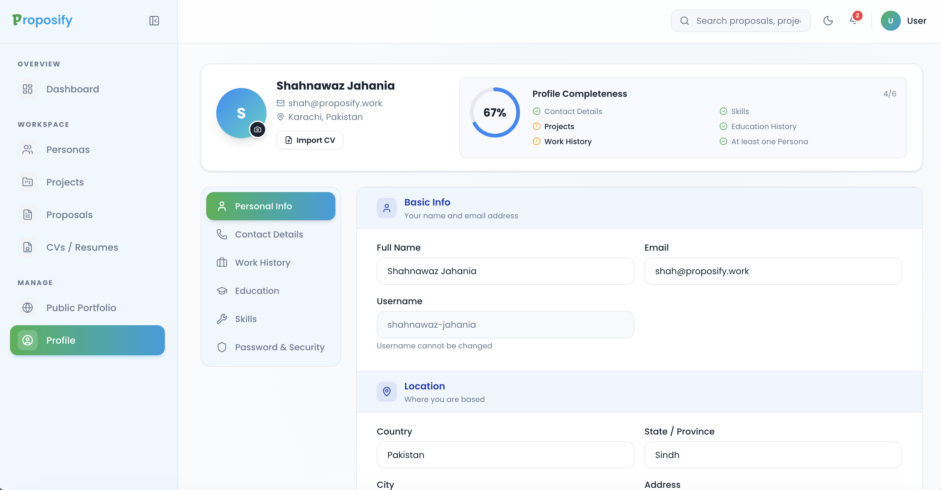 User profile page with personal info, contact details, work history tabs