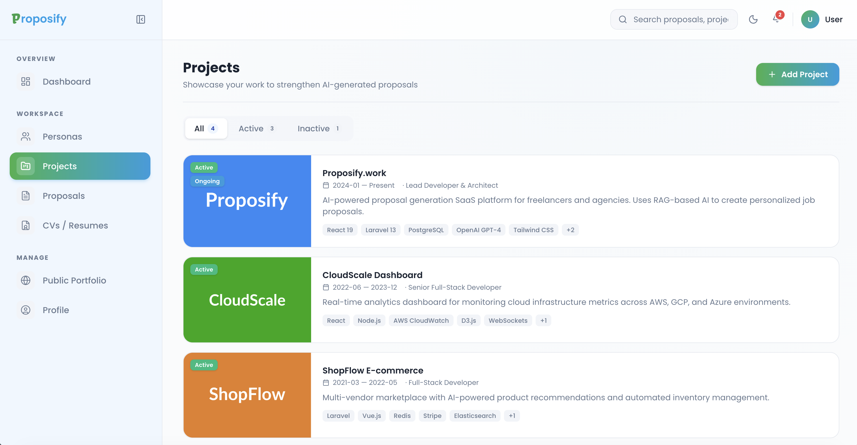 Projects list with Prozilio, CloudScale, and ShopFlow case studies