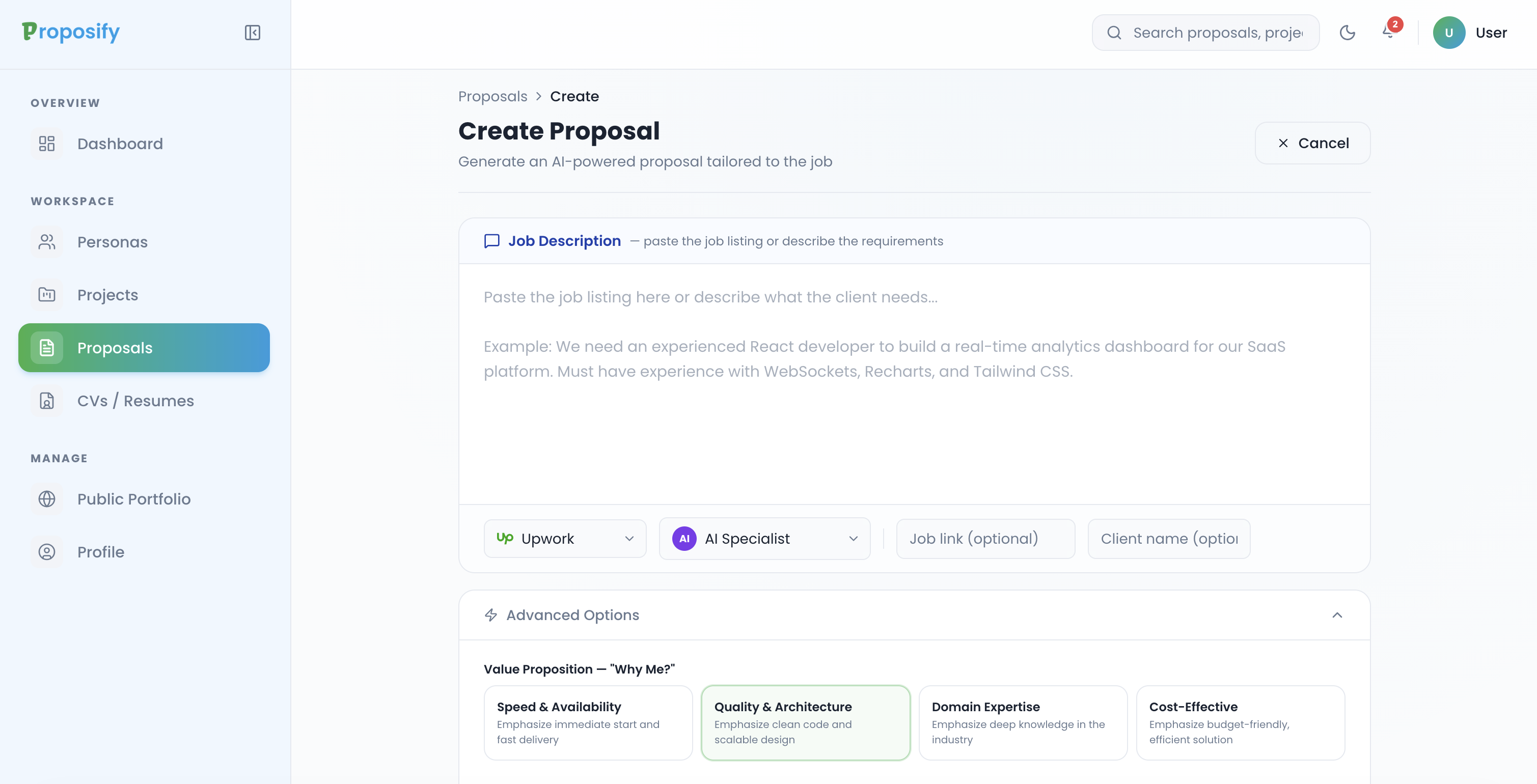 Create Proposal form with job description, persona selector, and value-proposition dial